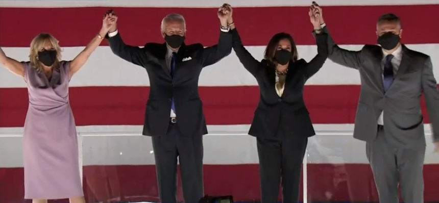 Vice President Joe Biden, celebrates his nomination as Democratic Party flag bearer with his running mate Senator Kamala Harris (D-Calif) together with the spouses.