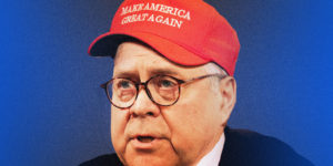 Hilarious illustration of AG William Barr in a MAGA hat