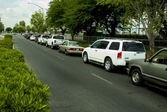 Cars line up for food in Fresno Ca