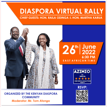 RAILA AND KARUA TO HEADLINE DIASPORA VIRTUAL RALLY ON JUNE 26TH