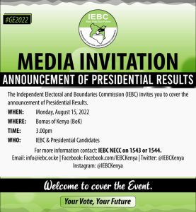 KENYA'S PRESIDENTIAL ELECTION RESULTS ANNOUNCEMENT IMMINENT