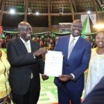 President Elect William Ruto and his ruinning mate Rigathi Gachagua display their certificate of winning