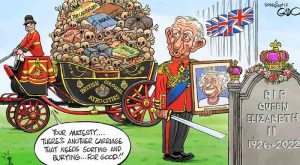 Cartoon appearing in a local Kenyan newspaper illustrates the view Kenyans hold toward the British Royals and colonialism