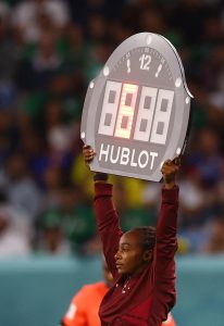 Salima Mukansanga displays the extra time added in the France Australia FIFA World Cup 2022 in a historic moment for Women globally. Mukansanga, 34, is the first African woman to officiate a World Cup match