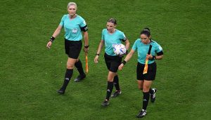 AL KHOR, QATAR - DECEMBER 01: Referee Stephanie Frappart of France (C), assistant referee Neuza Back of Brazil (L) and assistant referee of Mexico Karen Diaz (R) are seen at the end of first half of the FIFA World Cup Qatar 2022