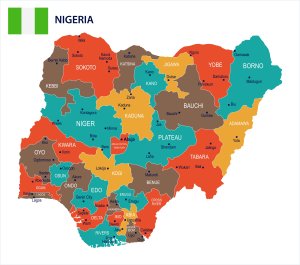 Nigeria map and flag showing the states in the federation.