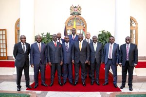 President William Ruto and Deputy President Rigathi Gachagua pose for a photo with ODM leaders at State House, Nairobi. They're Gideon Ochanda (Bondo), Elisha Odhiambo (Gem), Mark Nyamita (Uriri), Caroli Omondi (Suba South), Shakeel Shabir (Kisumu East, Independent) Felix Odiwuor alias Jalang’o (Lang’ata), Paul Abuor (Rongo), John Owino (Awendo) and Kisumu Senator Tom Ojienda