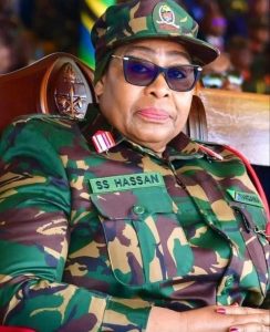 President Samia Suluhu Hassan in military uniform.