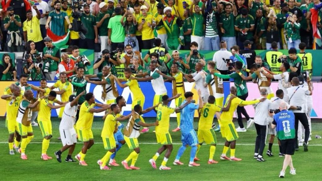 Bafana Bafana players celebrate historic win.