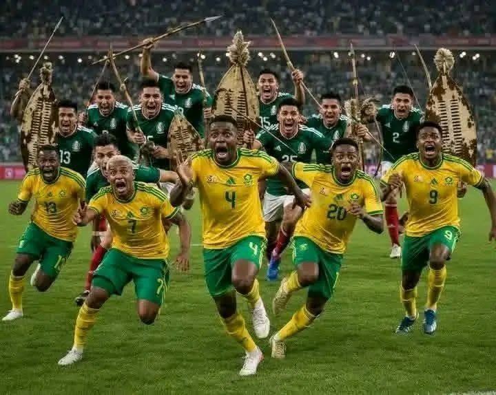 A not-so-funny meme depicts Bafana Bafana players being chased by Mexican players carrying Zulu shields and sticks, as South Africa’s Afrophobia crisis spills into World Cup mockery online.