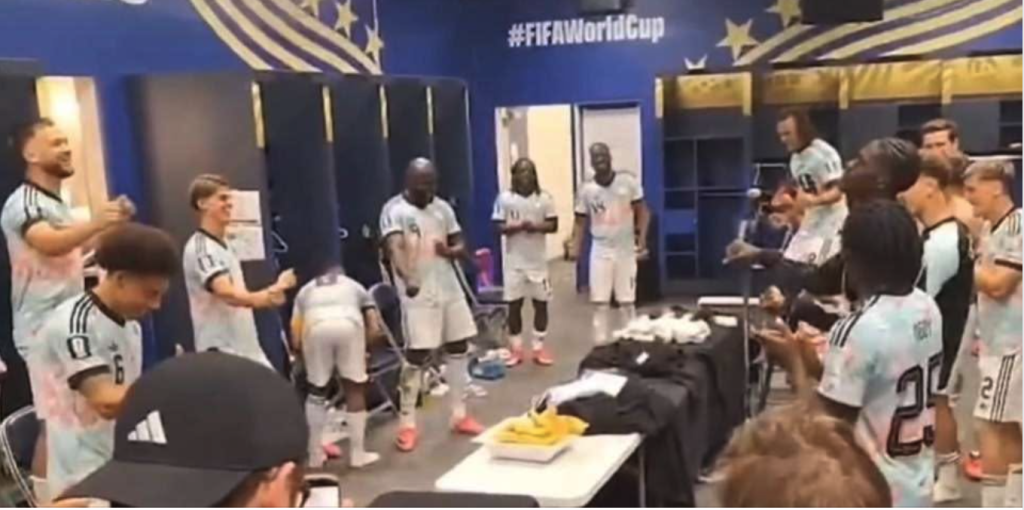 Belgium's players celebrate with Trump's signature "Y.M.C.A." dance in the locker room after eliminating the United States 4-1 in the round of 16, July 6, 2026, in Seattle.