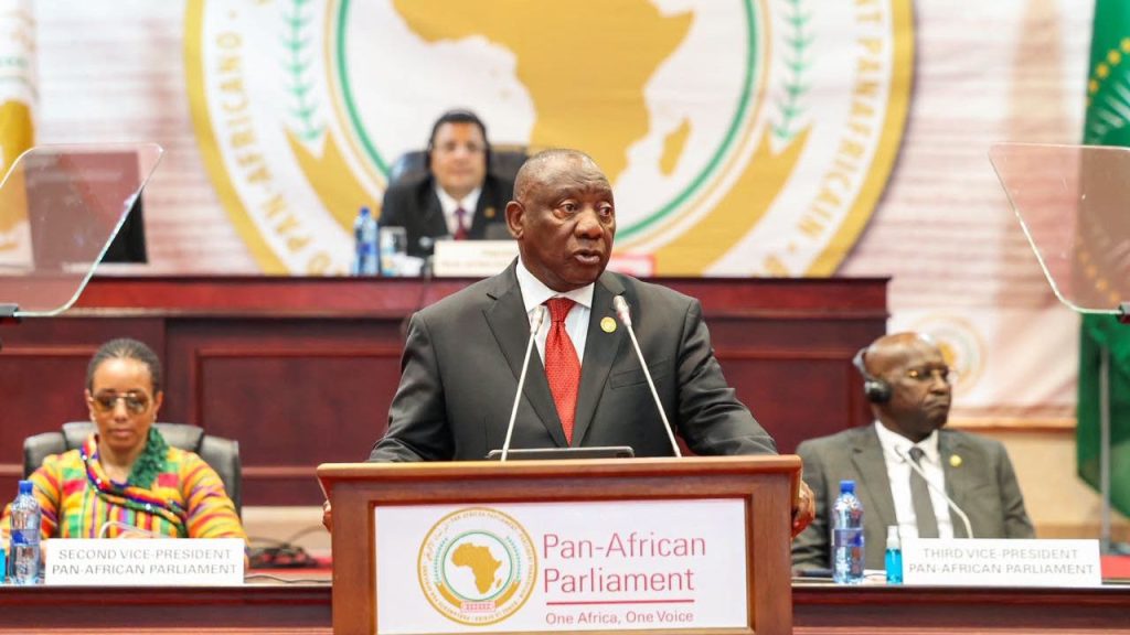 South African President Cyril Ramaphosa at the Pan-African Parliament