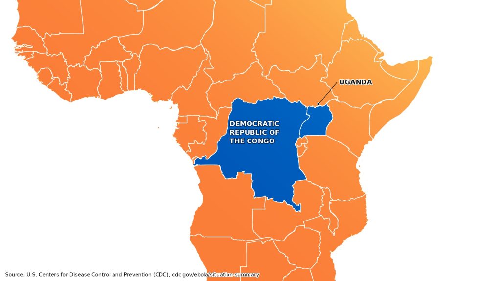 DRC and Uganda, in blue, are the two countries with confirmed Ebola cases in the current outbreak. Map: CDC.