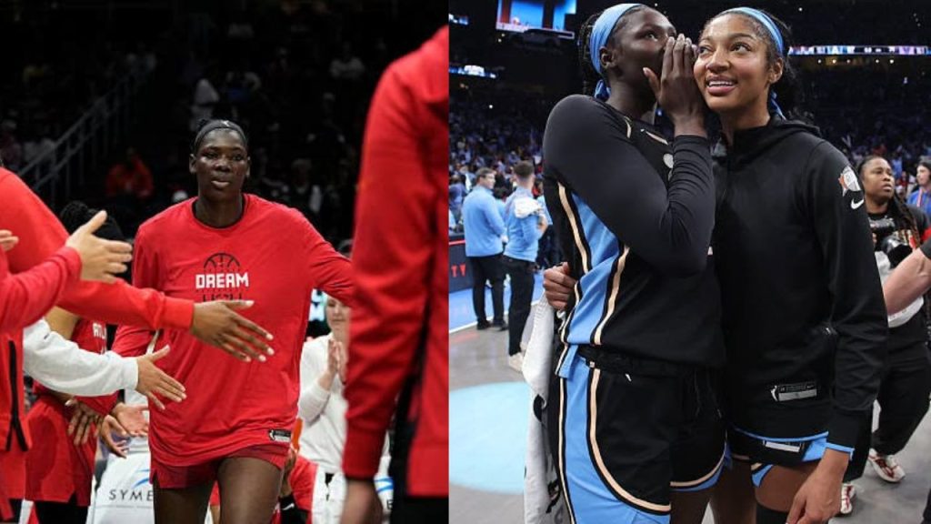 Okot is introduced to the crowd, left, and whispers in teammate Angel Reese’s ear, right